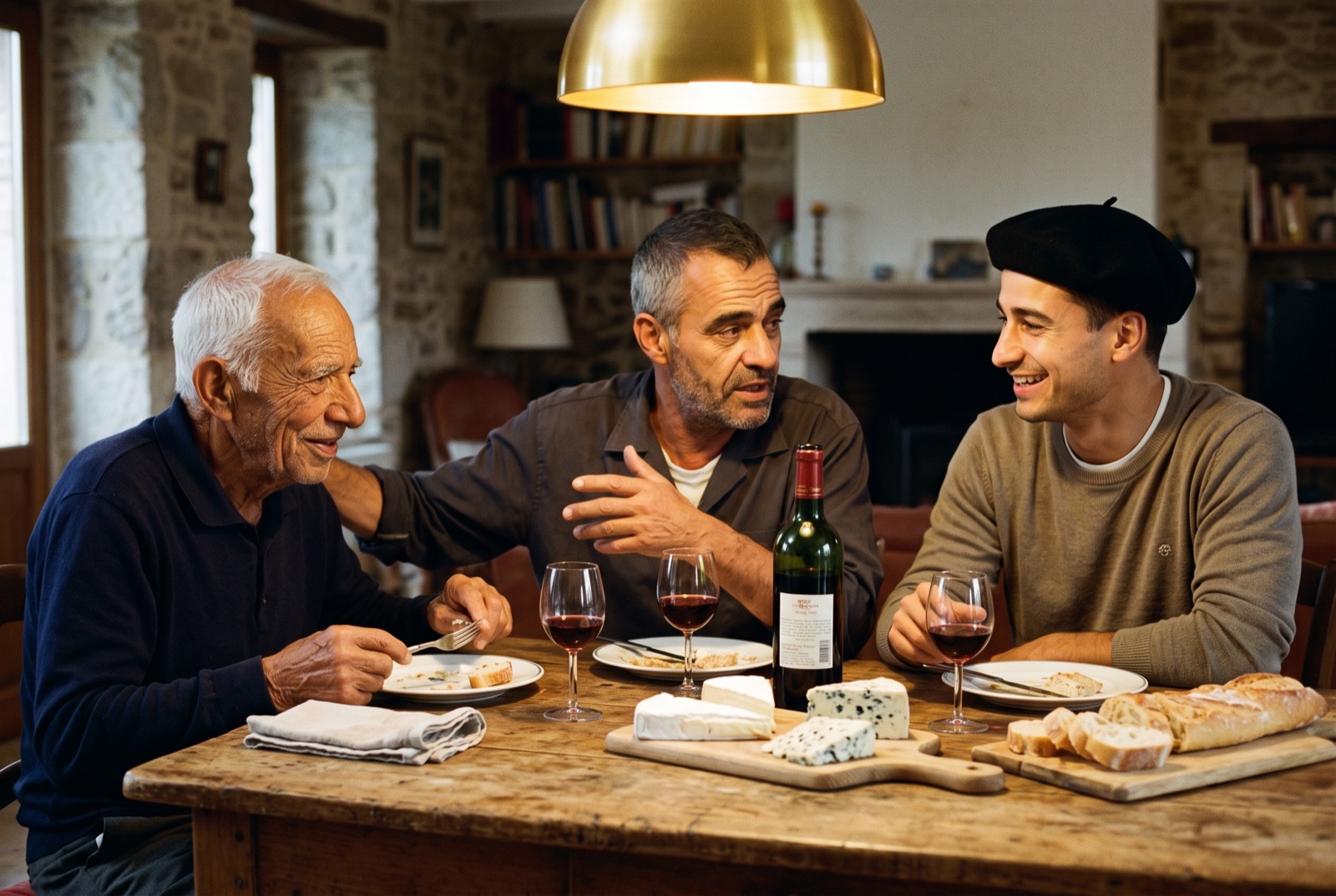 Raymond, Michel et Léo réunis autour d'une table, quatre générations de couvreurs du Loiret