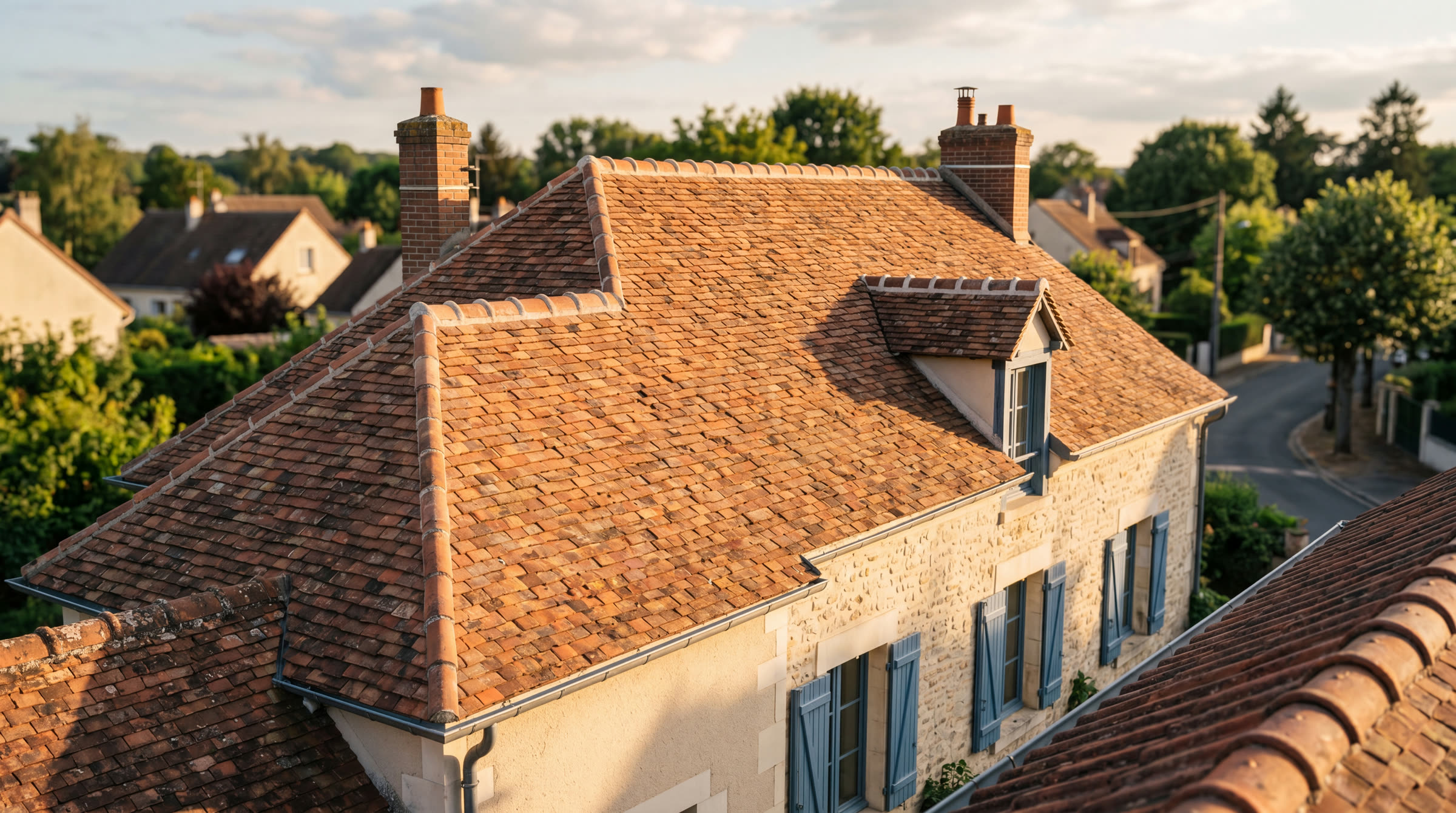 Toiture en tuiles terre cuite parfaitement finie à l'heure dorée dans le Loiret