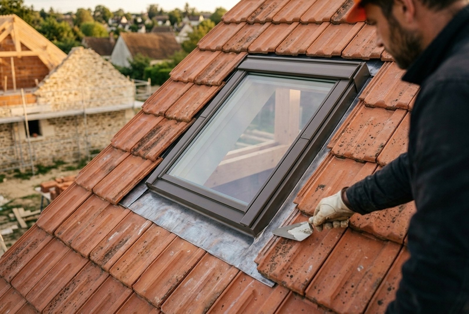 Fenêtre de toit Velux posée et étanchée sur une toiture en tuiles
