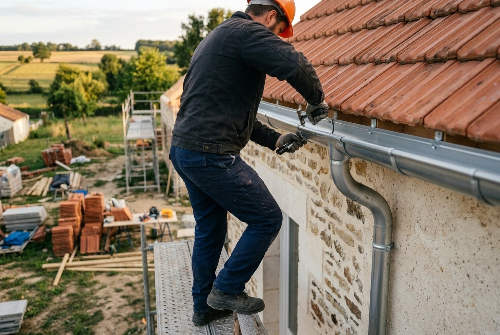 Pose d'une gouttière neuve le long du toit d'une maison