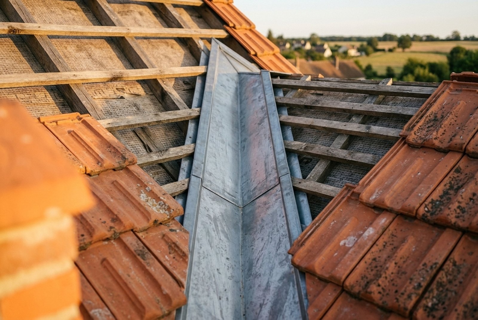 Travaux de zinguerie : noue et solin en zinc sur une toiture
